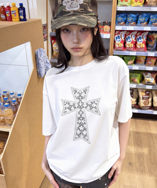 セール】[ユニセックス]ドットクロス_Fレース半袖Tシャツ_2カラー（T