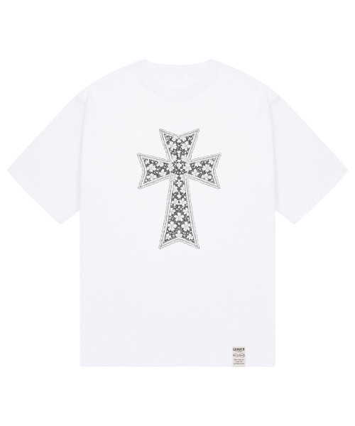 GRAVER（グレーバー）の「[ユニセックス]ドットクロス_Fレース半袖Tシャツ_2カラー（Tシャツ/カットソー・レディース・ブラック/ホワイト・SMALL/MEDIUM/LARGE）」の7枚目の写真