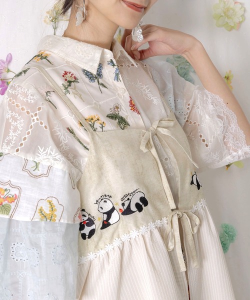 ScoLar（スカラー）の「162617：ストライプorチェック パンダ刺繍キャミワンピース（ワンピース・レディース・ブラック/アイボリー・M）」の7枚目の写真