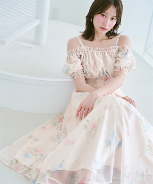 WILLSELECTION（ウィルセレクション）の「フラワーメッシュオフショルワンピース（ワンピース・レディース・ネイビー/ピンク/ホワイト/サックスブルー・FREE）」の4枚目の写真
