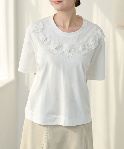 DAYRA(デイラ)の「DAYRA フラワー レース 半袖 カットソー トップス(Tシャツ/カットソー・レディース・ホワイト/ブラック・FREE)」の4枚目の写真