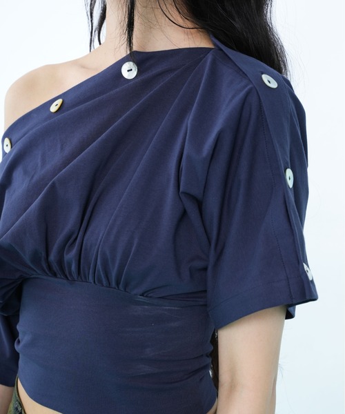sedacle girl(セダクルガール)の「ボタンドレープトップス(Tシャツ/カットソー・レディース・ネイビー/ライトグリーン・SMALL/MEDIUM)」の9枚目の写真