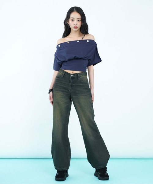 sedacle girl(セダクルガール)の「ボタンドレープトップス(Tシャツ/カットソー・レディース・ネイビー/ライトグリーン・SMALL/MEDIUM)」の4枚目の写真