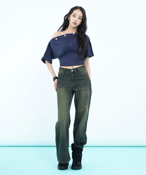 sedacle girl(セダクルガール)の「ボタンドレープトップス(Tシャツ/カットソー・レディース・ネイビー/ライトグリーン・SMALL/MEDIUM)」の5枚目の写真