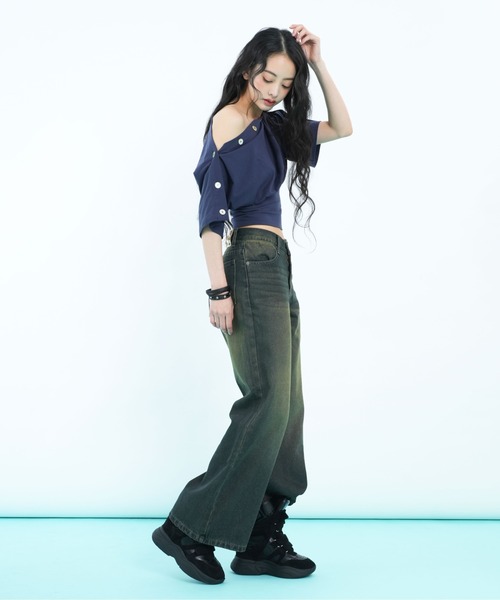 sedacle girl(セダクルガール)の「ボタンドレープトップス(Tシャツ/カットソー・レディース・ネイビー/ライトグリーン・SMALL/MEDIUM)」の6枚目の写真