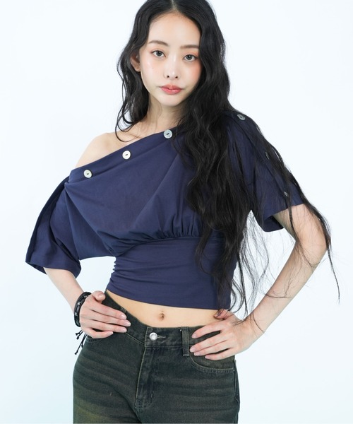 sedacle girl(セダクルガール)の「ボタンドレープトップス(Tシャツ/カットソー・レディース・ネイビー/ライトグリーン・SMALL/MEDIUM)」の19枚目の写真