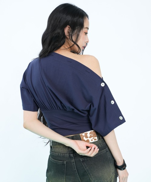 sedacle girl(セダクルガール)の「ボタンドレープトップス(Tシャツ/カットソー・レディース・ネイビー/ライトグリーン・SMALL/MEDIUM)」の3枚目の写真