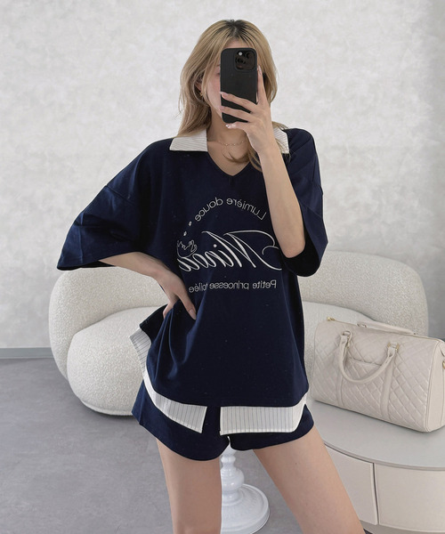 ROYAL PARTY（ロイヤルパーティー）の「【ONLINE限定】レイヤード風配色カットセットアップ（Tシャツ/カットソー・レディース・グレー/ネイビー/オフホワイト・FREE）」の3枚目の写真