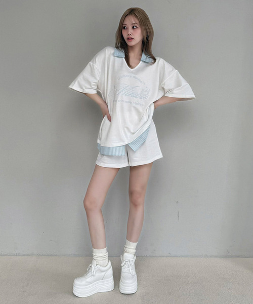 ROYAL PARTY（ロイヤルパーティー）の「【ONLINE限定】レイヤード風配色カットセットアップ（Tシャツ/カットソー・レディース・グレー/ネイビー/オフホワイト・FREE）」の8枚目の写真