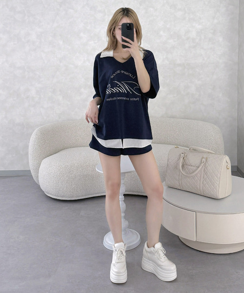 ROYAL PARTY（ロイヤルパーティー）の「【ONLINE限定】レイヤード風配色カットセットアップ（Tシャツ/カットソー・レディース・グレー/ネイビー/オフホワイト・FREE）」の6枚目の写真