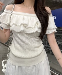 オフショルフリルリブニットトップス