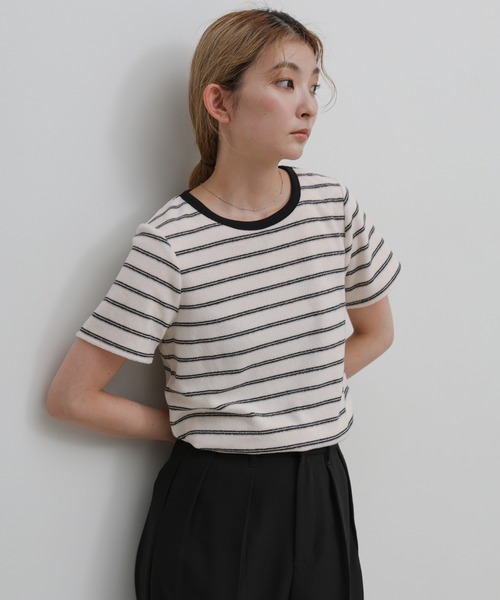 select MOCA(セレクトモカ)の「【S/Mサイズ展開】パイルボーダーTシャツ(Tシャツ/カットソー・レディース・チャコールグレー/ライトグレー/アイボリー・MEDIUM/SMALL)」の3枚目の写真