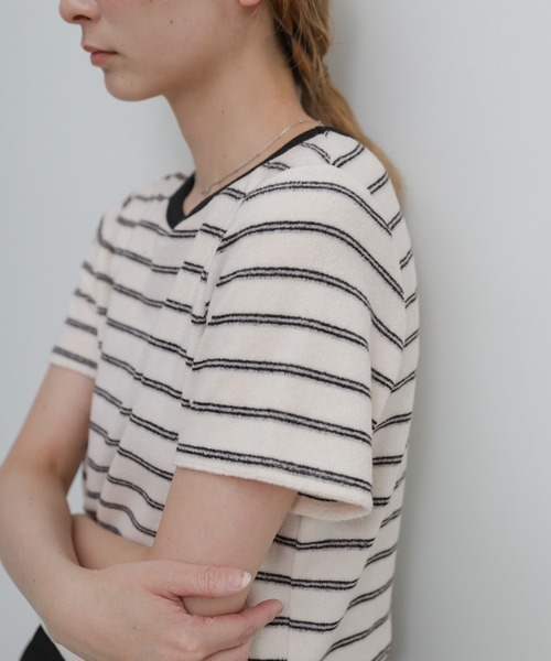 select MOCA(セレクトモカ)の「【S/Mサイズ展開】パイルボーダーTシャツ(Tシャツ/カットソー・レディース・チャコールグレー/ライトグレー/アイボリー・MEDIUM/SMALL)」の17枚目の写真
