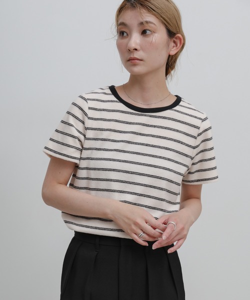 select MOCA(セレクトモカ)の「【S/Mサイズ展開】パイルボーダーTシャツ(Tシャツ/カットソー・レディース・チャコールグレー/ライトグレー/アイボリー・MEDIUM/SMALL)」の18枚目の写真