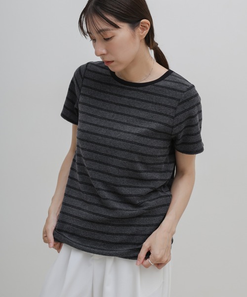 select MOCA(セレクトモカ)の「【S/Mサイズ展開】パイルボーダーTシャツ(Tシャツ/カットソー・レディース・チャコールグレー/ライトグレー/アイボリー・MEDIUM/SMALL)」の5枚目の写真