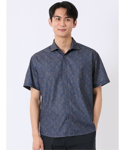 TAKA-Q(タカキュー)の「シャツ メンズ 半袖 ストレッチ 吸水速乾 ノンアイロン ワイドカラー ややゆったり ルーズフィット トリコット 小花(シャツ/ブラウス・メンズ・ネイビー/ブルー・LARGE/X-LARGE/MEDIUM)」の2枚目の写真