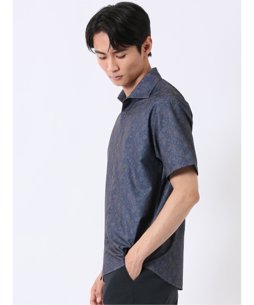 TAKA-Q(タカキュー)の「シャツ メンズ 半袖 ストレッチ 吸水速乾 ノンアイロン ワイドカラー ややゆったり ルーズフィット トリコット 小花(シャツ/ブラウス・メンズ・ネイビー/ブルー・LARGE/X-LARGE/MEDIUM)」の4枚目の写真