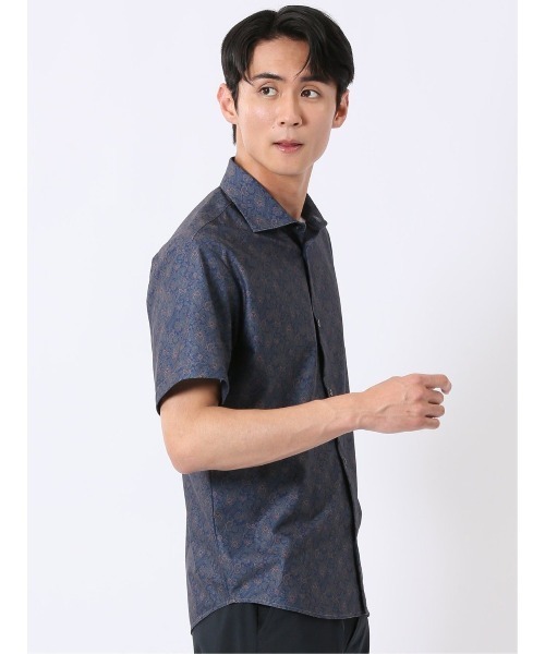 TAKA-Q(タカキュー)の「シャツ メンズ 半袖 ストレッチ 吸水速乾 ノンアイロン ワイドカラー ややゆったり ルーズフィット トリコット 小花(シャツ/ブラウス・メンズ・ネイビー/ブルー・LARGE/X-LARGE/MEDIUM)」の6枚目の写真
