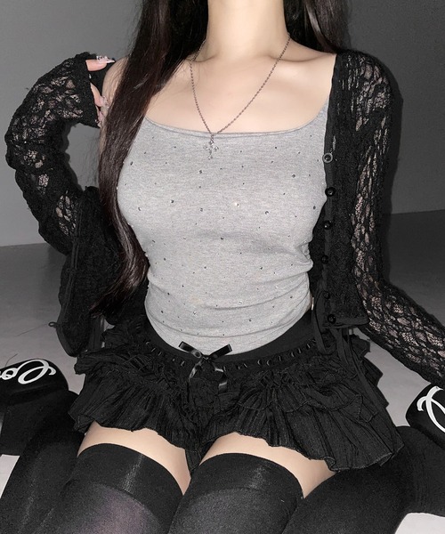 me+em select(ミームセレクト)の「【 3color 】ラインストーンスクエアネックスリムキャミソール / Rhinestone square neck slim camisole(キャミソール・レディース・グレー/ブラック/ホワイト・FREE)」の19枚目の写真