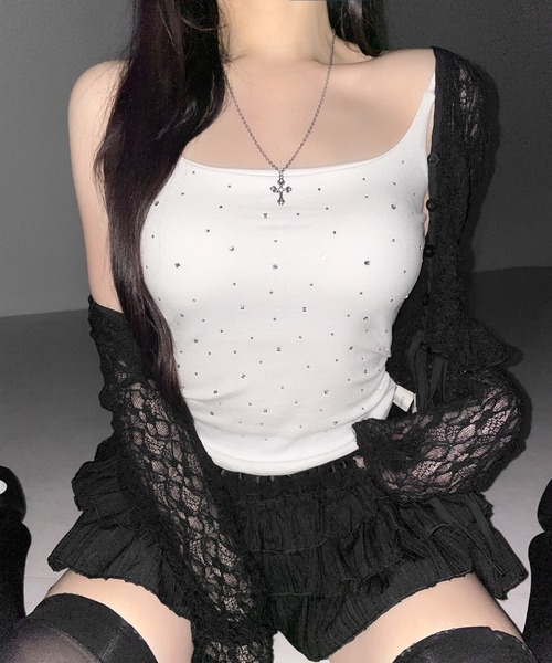 me+em select(ミームセレクト)の「【 3color 】ラインストーンスクエアネックスリムキャミソール / Rhinestone square neck slim camisole(キャミソール・レディース・グレー/ブラック/ホワイト・FREE)」の5枚目の写真