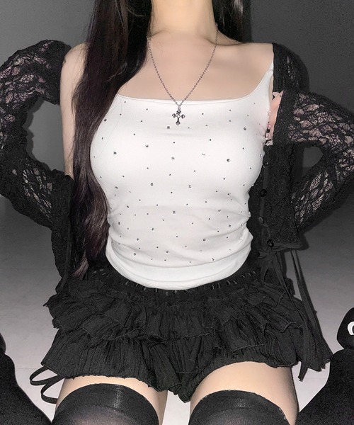 me+em select(ミームセレクト)の「【 3color 】ラインストーンスクエアネックスリムキャミソール / Rhinestone square neck slim camisole(キャミソール・レディース・グレー/ブラック/ホワイト・FREE)」の7枚目の写真