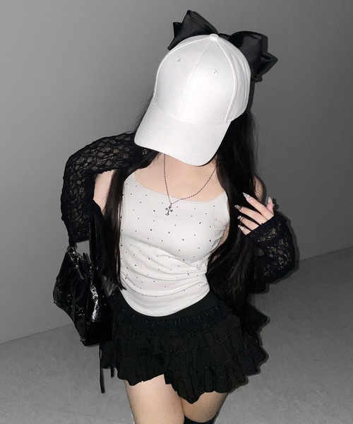 me+em select(ミームセレクト)の「【 3color 】ラインストーンスクエアネックスリムキャミソール / Rhinestone square neck slim camisole(キャミソール・レディース・グレー/ブラック/ホワイト・FREE)」の8枚目の写真