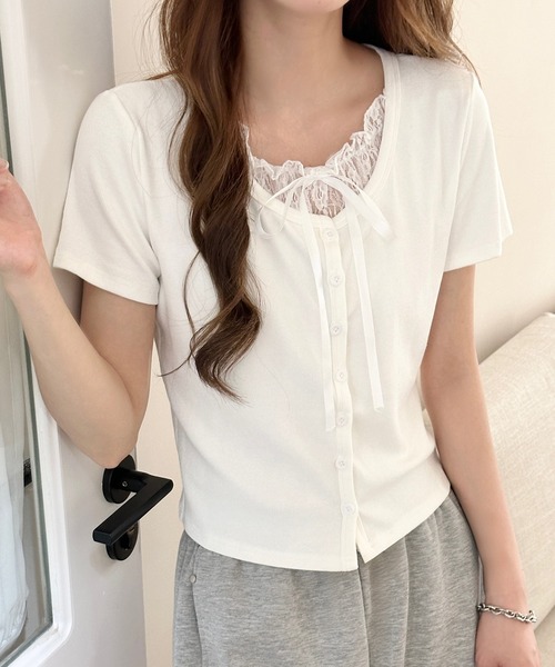 DAY CLOSET(デイ クローゼット)の「1枚で軽く重ね着コーデ叶う。半袖レースレイヤードカーディガン風プルオーバー レディース(Tシャツ/カットソー・レディース・オートミール/ホワイト/ライトブルー・FREE)」の17枚目の写真