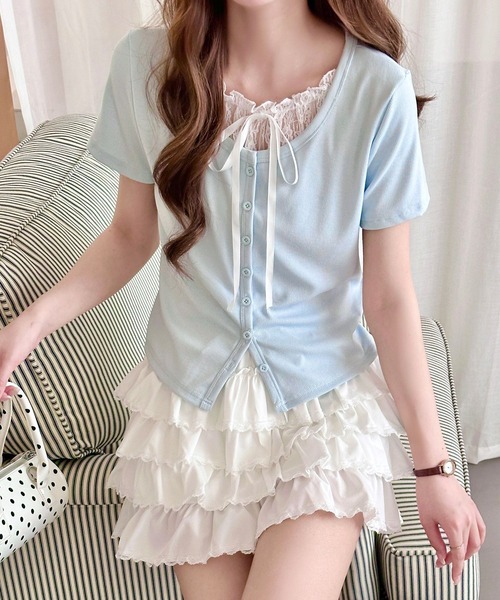 DAY CLOSET(デイ クローゼット)の「1枚で軽く重ね着コーデ叶う。半袖レースレイヤードカーディガン風プルオーバー レディース(Tシャツ/カットソー・レディース・オートミール/ホワイト/ライトブルー・FREE)」の6枚目の写真