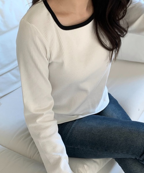 mineng(マイング)の「【配色/スクエアネック】エリースクエアバイカラーTシャツ(Tシャツ/カットソー・レディース・グレイッシュブルー/アイボリー・FREE)」の9枚目の写真