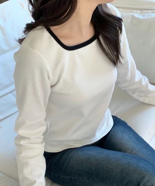 mineng(マイング)の「【配色/スクエアネック】エリースクエアバイカラーTシャツ(Tシャツ/カットソー・レディース・グレイッシュブルー/アイボリー・FREE)」の18枚目の写真