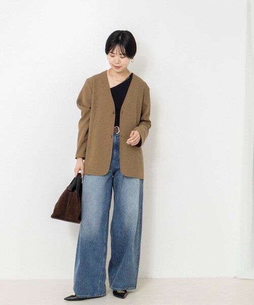 Rie Miller(リエミラー)の「《セットアップ対応/撥水》ウォッシャブルジャケット風ブラウス(ノーカラージャケット・レディース・キャメル/チャコールグレー・38)」の21枚目の写真