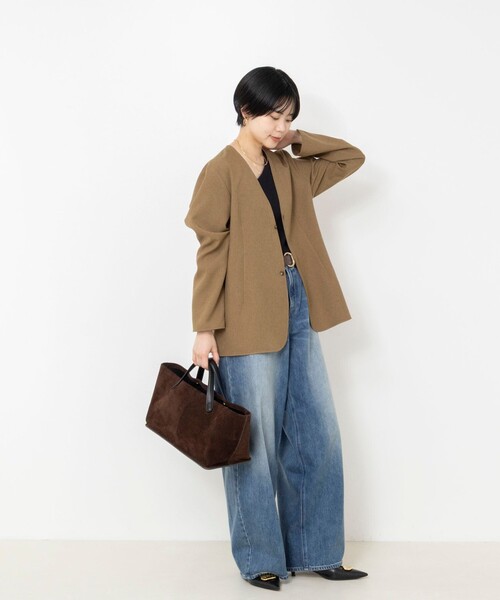 Rie Miller(リエミラー)の「《セットアップ対応/撥水》ウォッシャブルジャケット風ブラウス(ノーカラージャケット・レディース・キャメル/チャコールグレー・38)」の22枚目の写真