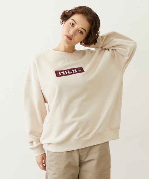 MILKFED.(ミルクフェド)の「CHECKERED BAR LOGO SWEAT TOP(スウェット・レディース・ブラック/オフホワイト/アッシュ・M/L)」の1枚目の写真