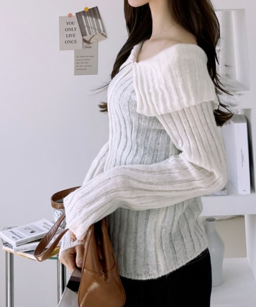 Ada.(エイダ)の「ビッグカラー 太リブ スリム ニット プルオーバー(カーディガン/ボレロ・レディース・グレー/ピンク/グリーン/ホワイト・FREE)」の9枚目の写真