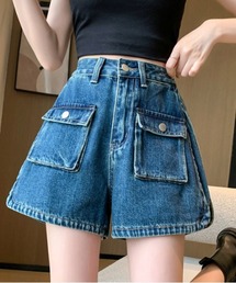 フロントポケット付きミリタリー風デニムショートパンツ
