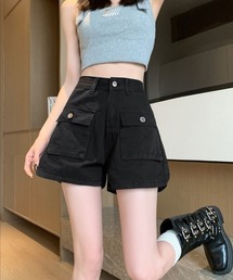 フロントポケット付きミリタリー風デニムショートパンツ