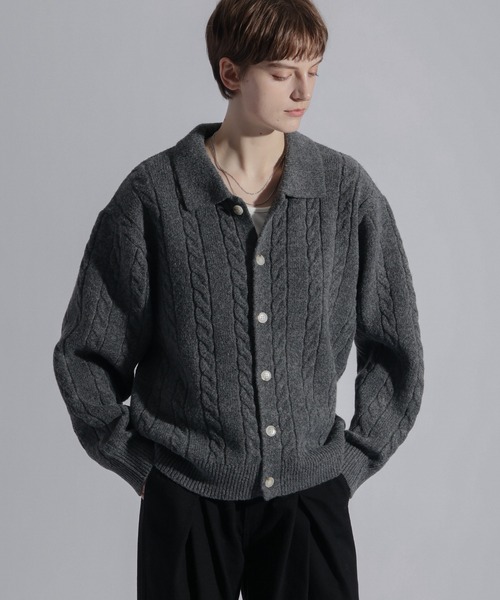ELLUV(エルブ)の「【ELLUV/エルヴ】ウールミックス ショート丈ケーブルニットシャツ(シャツ/ブラウス・メンズ・ブラック/チャコールグレー/ダークブルー・L/M/S)」の2枚目の写真