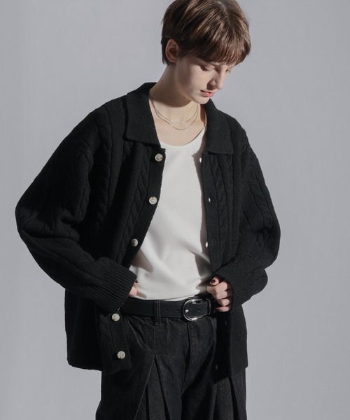 ELLUV(エルブ)の「【ELLUV/エルヴ】ウールミックス ショート丈ケーブルニットシャツ(シャツ/ブラウス・メンズ・ブラック/チャコールグレー/ダークブルー・L/M/S)」の14枚目の写真