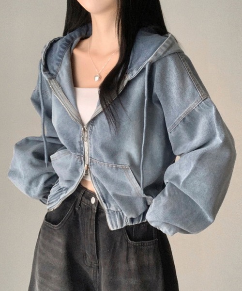 FREE STYLISTS(フリー スタイリスト)の「フード付き デニム ジャケット(デニムジャケット・レディース・ブルー・M)」の1枚目の写真