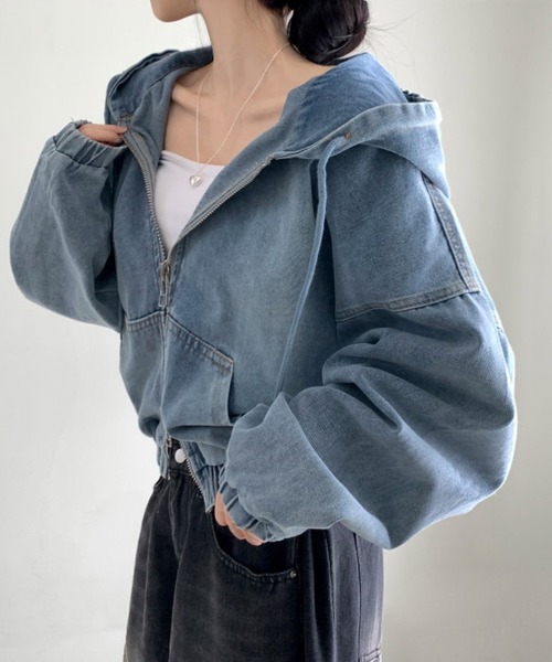 FREE STYLISTS(フリー スタイリスト)の「フード付き デニム ジャケット(デニムジャケット・レディース・ブルー・M)」の3枚目の写真
