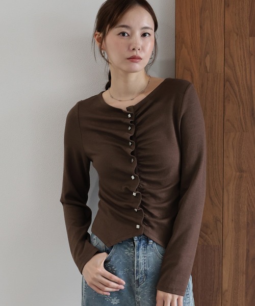 J by blue(ジェイバイブルー)の「フロントギャザーリブカットソー(Tシャツ/カットソー・レディース・ブラウン/チャコールグレー/ホワイト/ブルー・MEDIUM)」の3枚目の写真