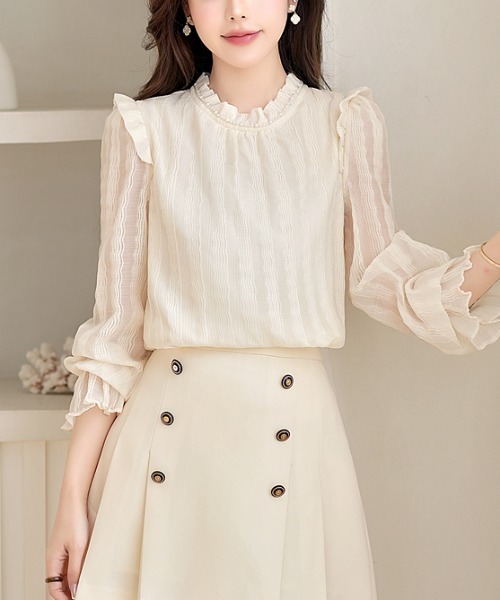 LUCPY(ラクピー)の「フリルネックシアーブラウス(シャツ/ブラウス・レディース・ホワイト・MEDIUM/LARGE/X-LARGE/SMALL)」の5枚目の写真