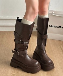 厚底ベルトデザインロングブーツ