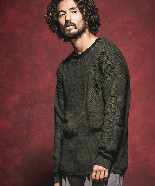 Jih Nunc（ジーヌンク）の「mn1839-クラッシュ加工ローゲージニットプルオーバー（ニット/セーター・メンズ・ブラック/ベージュ/カーキ/チャコール・S/M/L）」の4枚目の写真