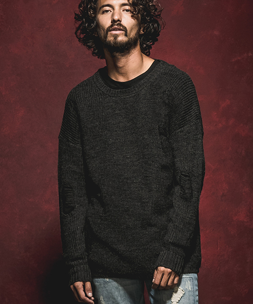 Jih Nunc（ジーヌンク）の「mn1839-クラッシュ加工ローゲージニットプルオーバー（ニット/セーター・メンズ・ブラック/ベージュ/カーキ/チャコール・S/M/L）」の3枚目の写真