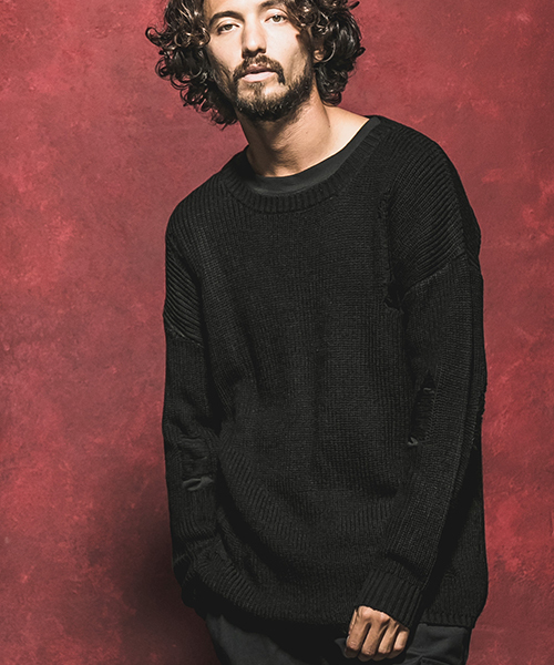 Jih Nunc（ジーヌンク）の「mn1839-クラッシュ加工ローゲージニットプルオーバー（ニット/セーター・メンズ・ブラック/ベージュ/カーキ/チャコール・S/M/L）」の2枚目の写真