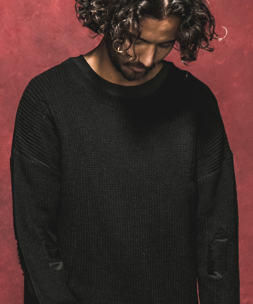 Jih Nunc（ジーヌンク）の「mn1839-クラッシュ加工ローゲージニットプルオーバー（ニット/セーター・メンズ・ブラック/ベージュ/カーキ/チャコール・S/M/L）」の14枚目の写真