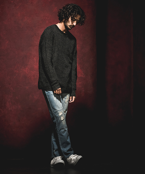 Jih Nunc（ジーヌンク）の「mn1839-クラッシュ加工ローゲージニットプルオーバー（ニット/セーター・メンズ・ブラック/ベージュ/カーキ/チャコール・S/M/L）」の17枚目の写真