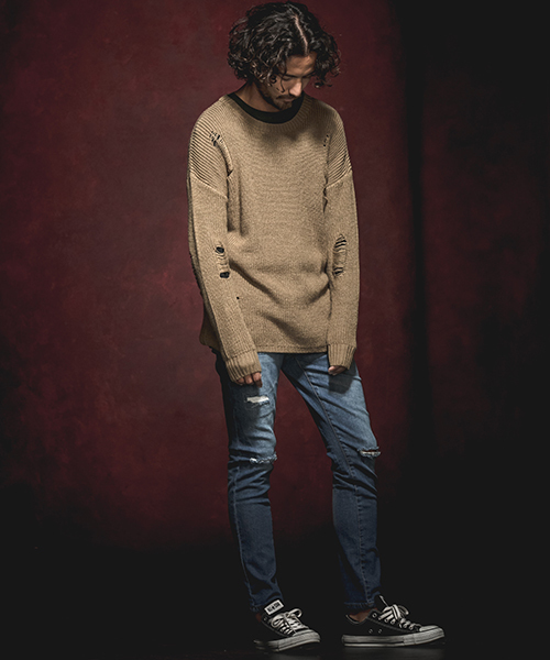 Jih Nunc（ジーヌンク）の「mn1839-クラッシュ加工ローゲージニットプルオーバー（ニット/セーター・メンズ・ブラック/ベージュ/カーキ/チャコール・S/M/L）」の7枚目の写真