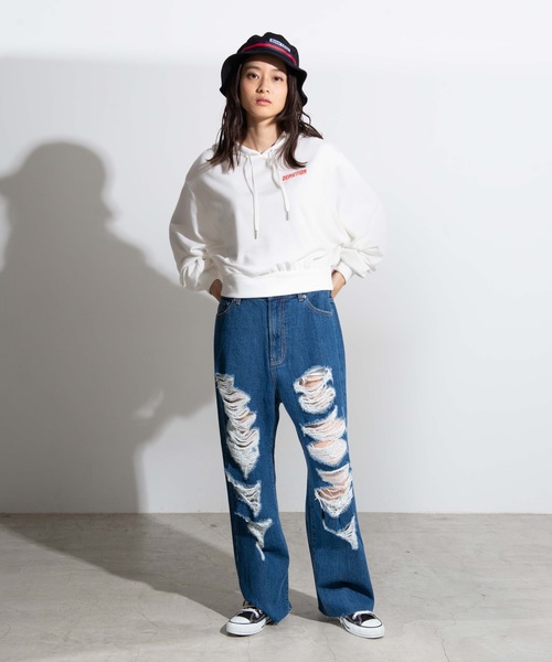 WEGO（ウィゴー）の「WEGO/ダメージストレートデニムパンツ（デニムパンツ・レディース・インディゴブルー/コバルトブルー・SMALL/MEDIUM/LARGE）」の3枚目の写真